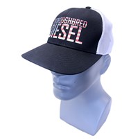 Thoroughbred Diesel Hat - Black Bill, Black Front, White Mesh Snap Back, American Flag Thoroughbred Diesel Logo