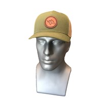 Thoroughbred Snapback Hat - Army Olive Bill, Army Olive Front Panel, Tan Mesh, Leather Patch